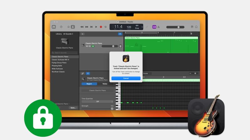 Mensagem de faixa bloqueada no GarageBand do Mac