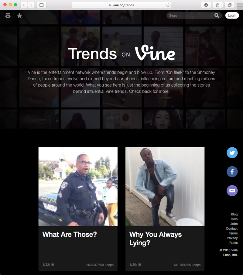 Explore memes e postagens virais na página de novas tendências do Vine